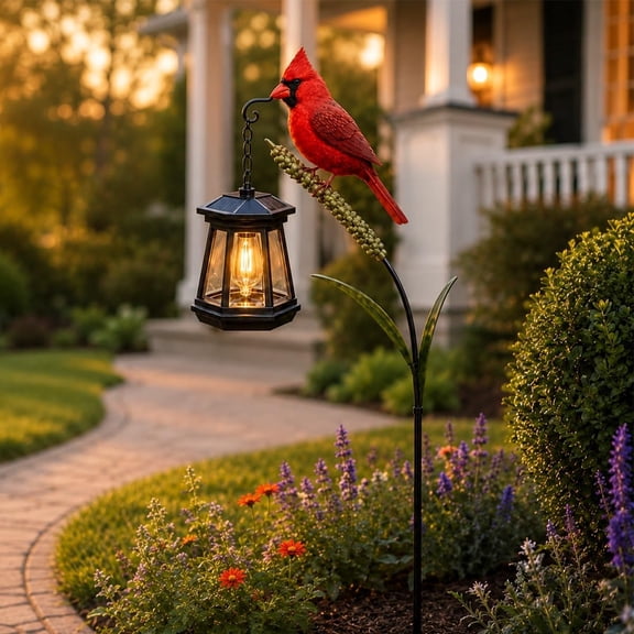 Cardinal Solar Garden Light, Outdoor Iron Bird Lantern Stake with Warm LED Glow, Solar Powered Waterproof Decorative Yard Light for Garden, Patio, Pathway, Porch, Mom and Bird Lovers Gift(1PCS)