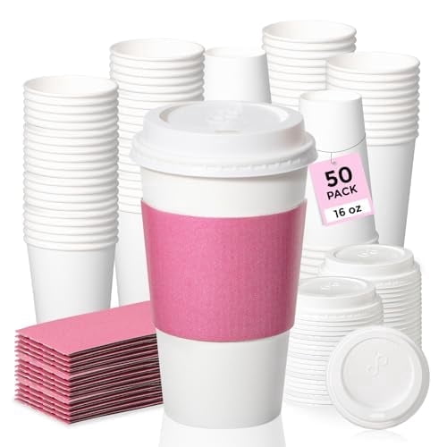 Fit Meal Prep 50 Pack 16 oz Disposable Coffee Cups with Pink Sleeves, Lead-Proof Sturdy To Go Coffee Cups with Lids, Pink Hot Paper Cups for Party, Wedding, Birthday