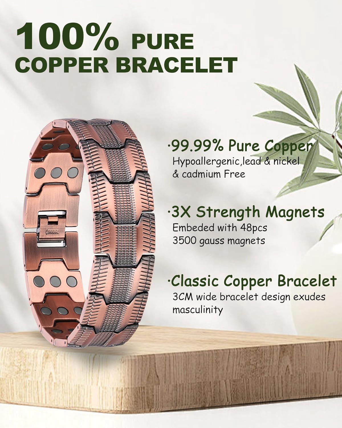 Wollet 3X Copper Magnetic Bracelet for Men, 99.99% Pure Copper Ring Jewelry Set