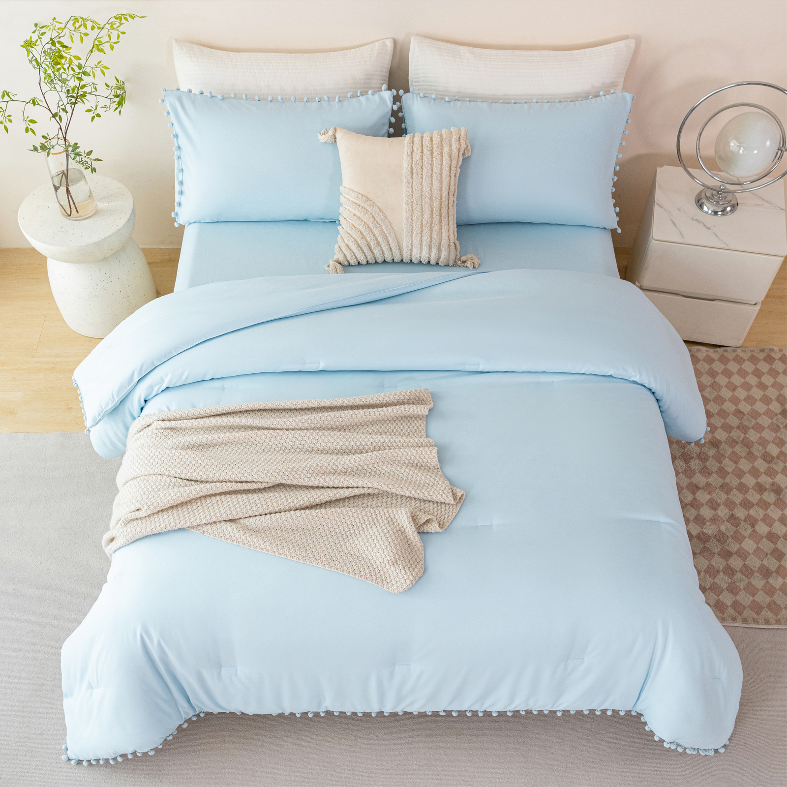 RYNGHIPY Pom Fringe Bed Comforter Set Queen Size for Girls 3Pcs Baby Blue Comforter Set Solid Fluffy Bedding Set for All Season Soft Bed Set with Comforter(Light Blue,Queen)