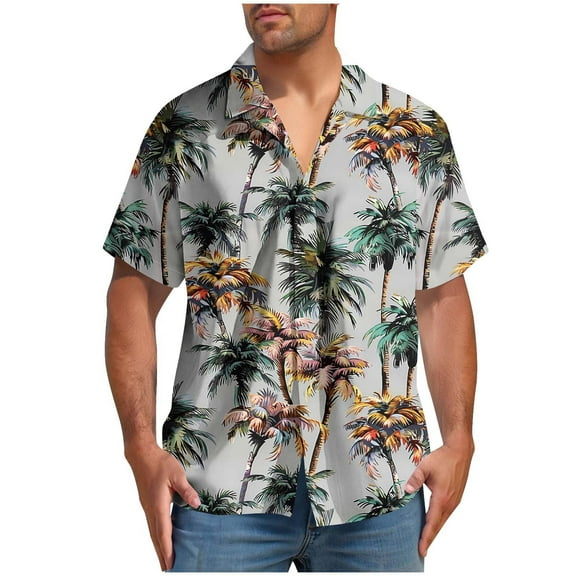 ZCFZJW Men's Hawaiian Shirt Funky Tropical Floral Printed Beach Vacation Tees Shirt Regular Fit Casual Button Down Short Sleeve Graphic T-Shirts Tops Gray XL
