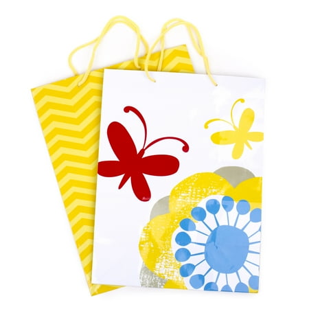 Print Birthday Gifts Set - Hallmark Large Gift Bag Set for Birthdays, Baby Showers or Any Occasion (Pack of 2; Yellow Chevrons & Flowers with Butterflies)