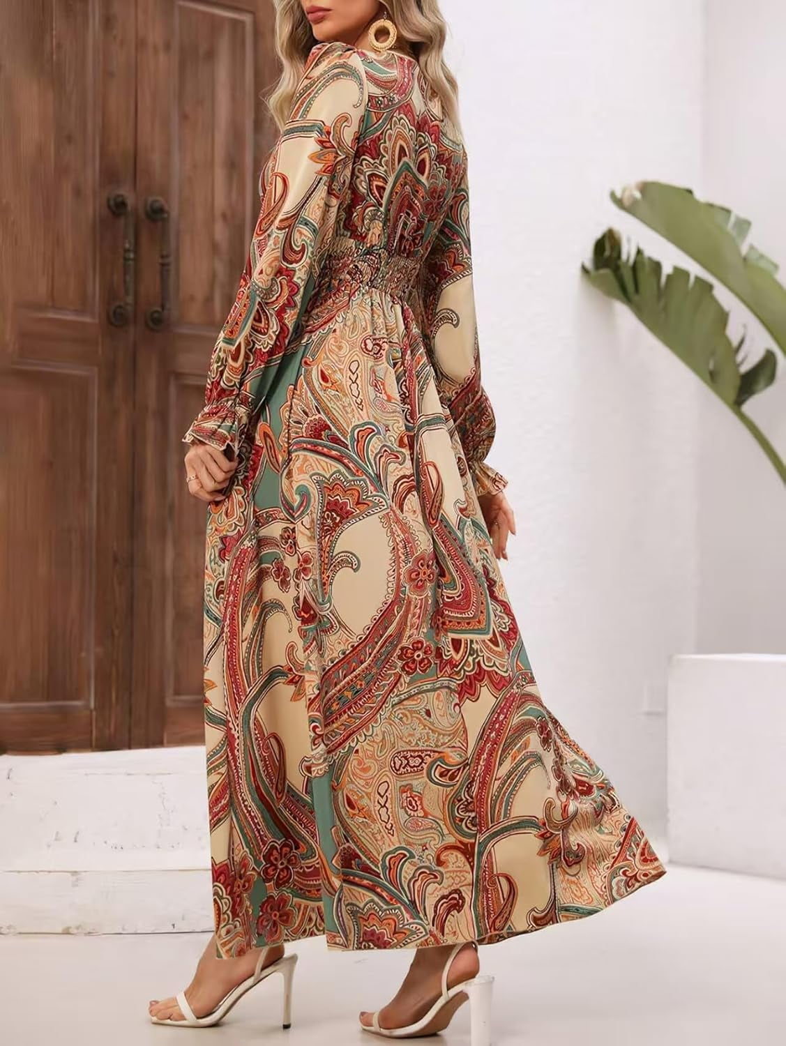 Long Sleeve Women's Dress Women's Floral Embroidery  Long Sleeve, Smocked  V-Neck, A-Line Fit Maxi Dress