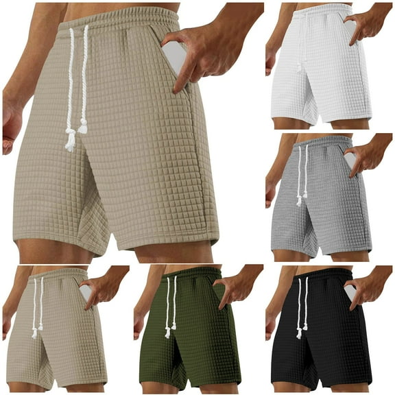 Dagugfen Mens Shorts Elastic Waist Drawstring Textured Knee Length Loose Work Travel Casual Shorts Solid Color