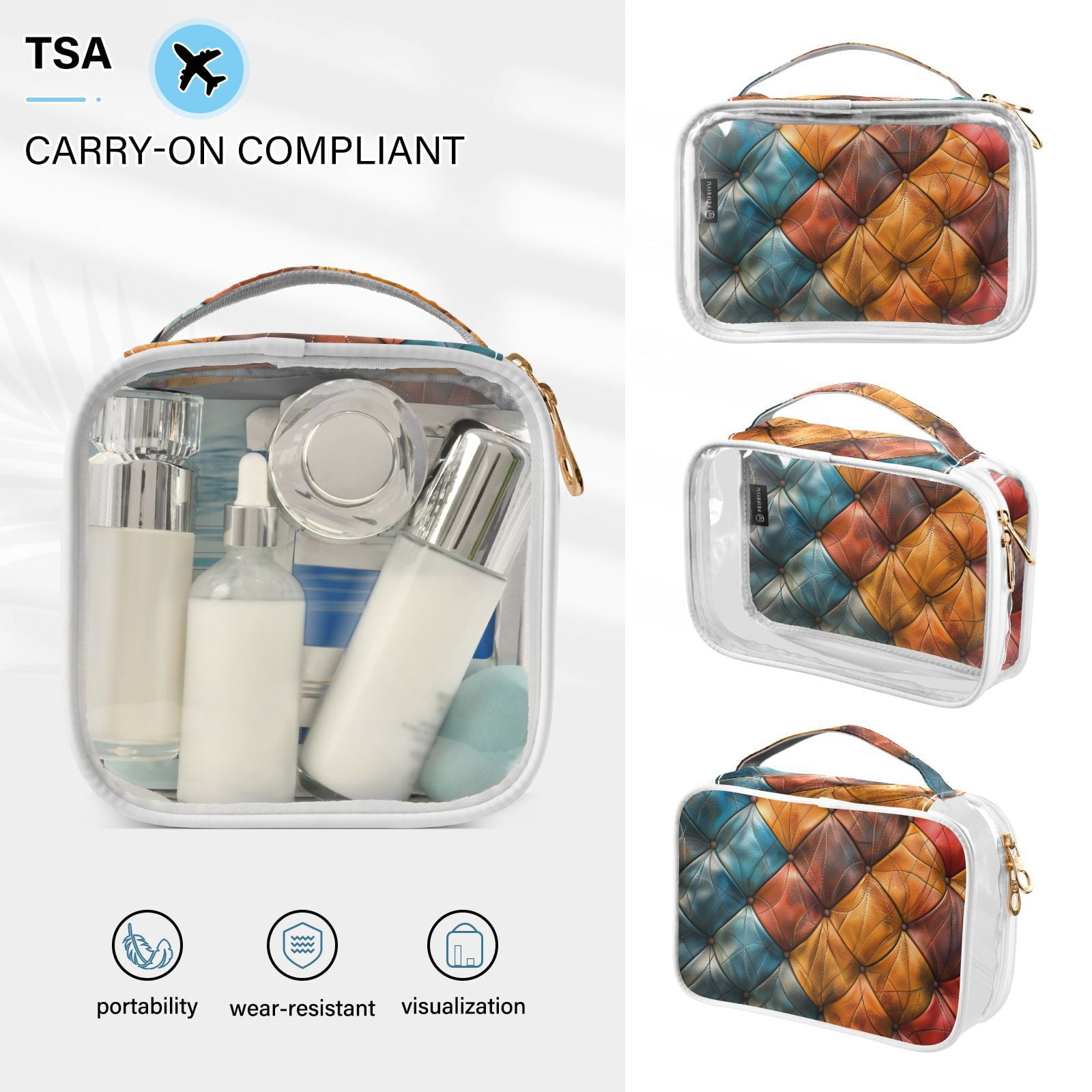 Clear Makeup Bags with Handle Large Opening 2 Pack Set Toiletry Bag Quart Size Bag, for Women Man Traveling Travel Essentials, Toiletries and Other. Colorful Leather Pattern