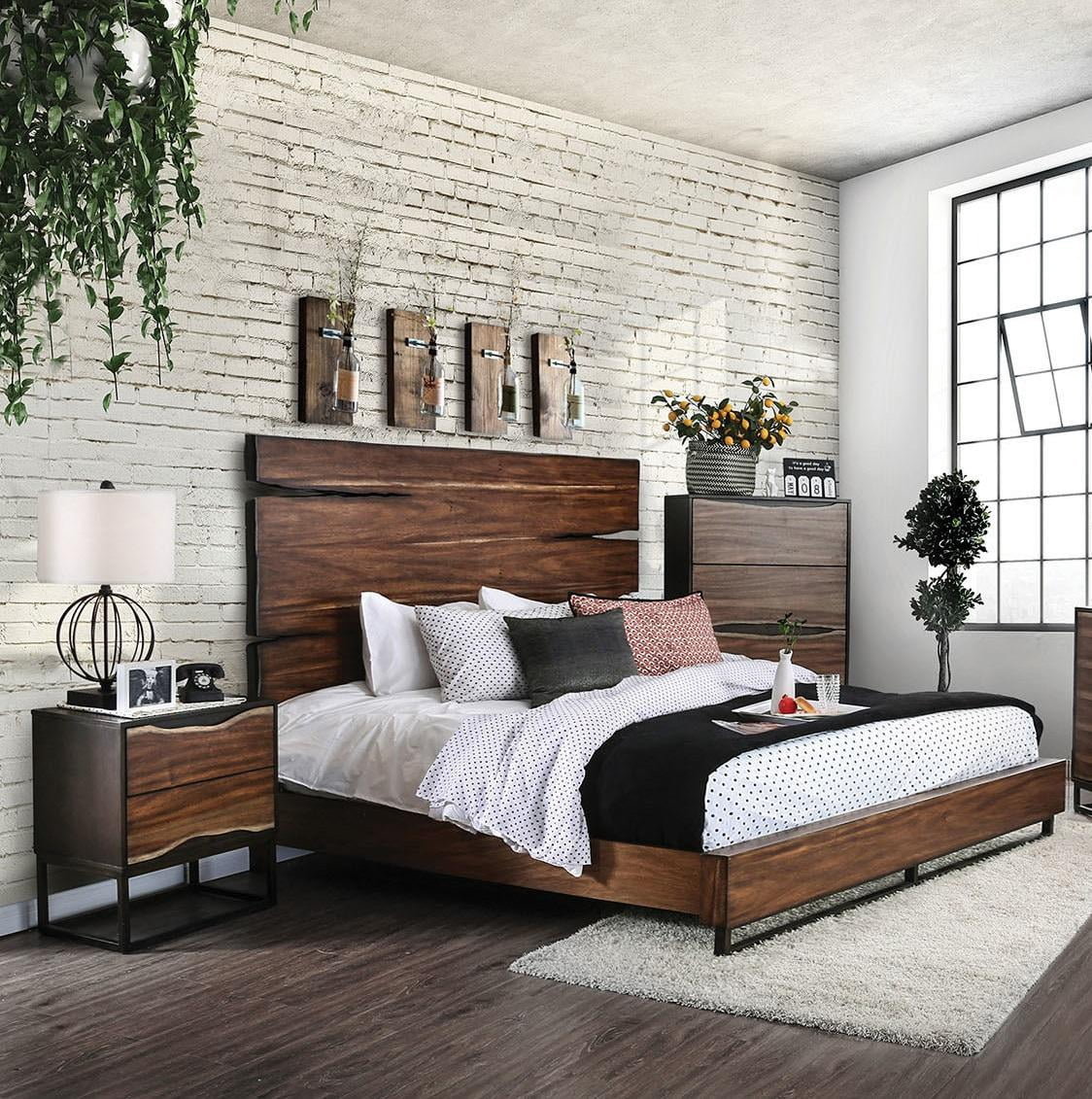 Rustic Dark Walnut & Dark Oak Solid Wood CAL Bedroom Set 3pcs FOA ...