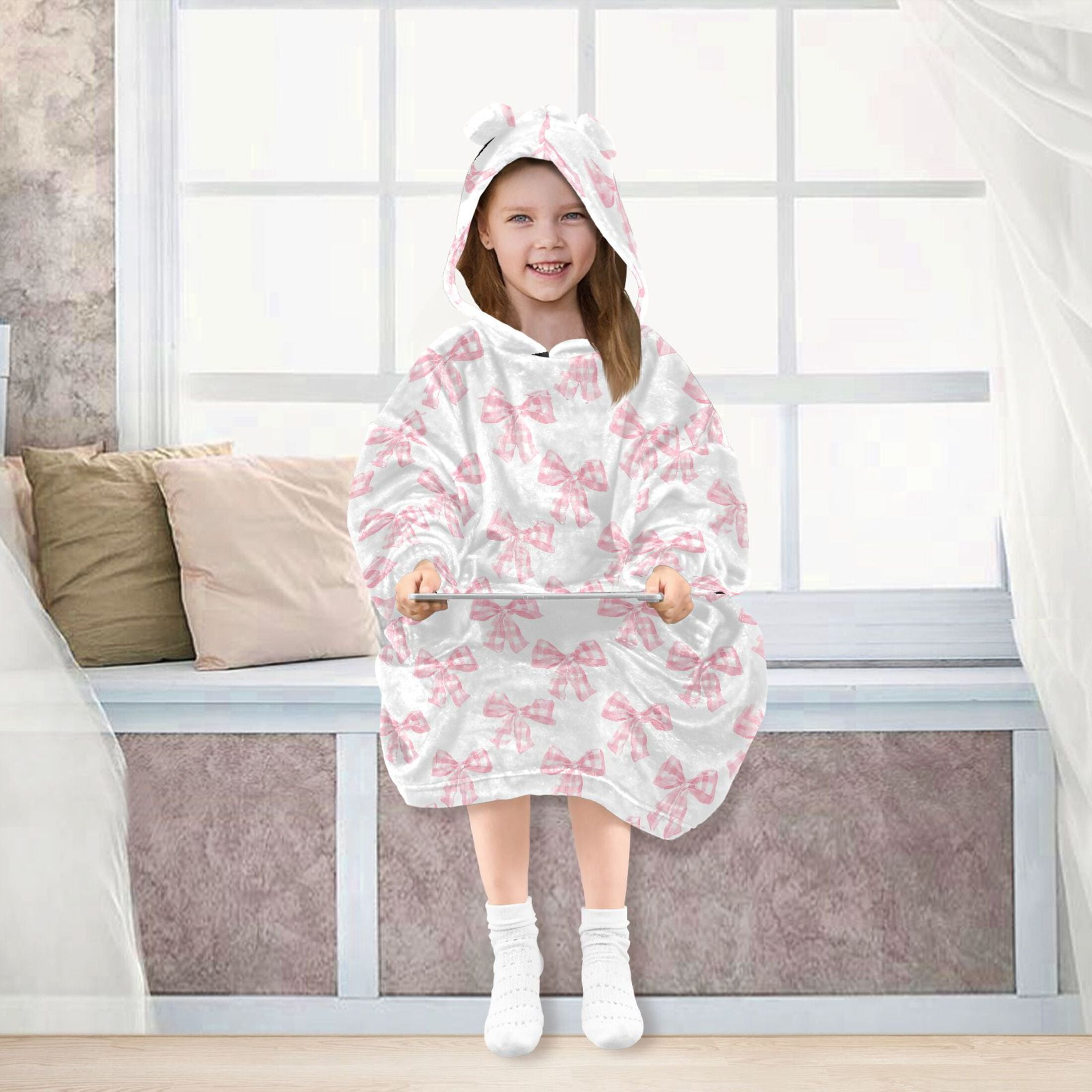 Wearable Blanket Hoodie for Kids Bows Checkered Flannel Hooded Blanket with Pockets and Sleeves Suitable for Boys and Girls