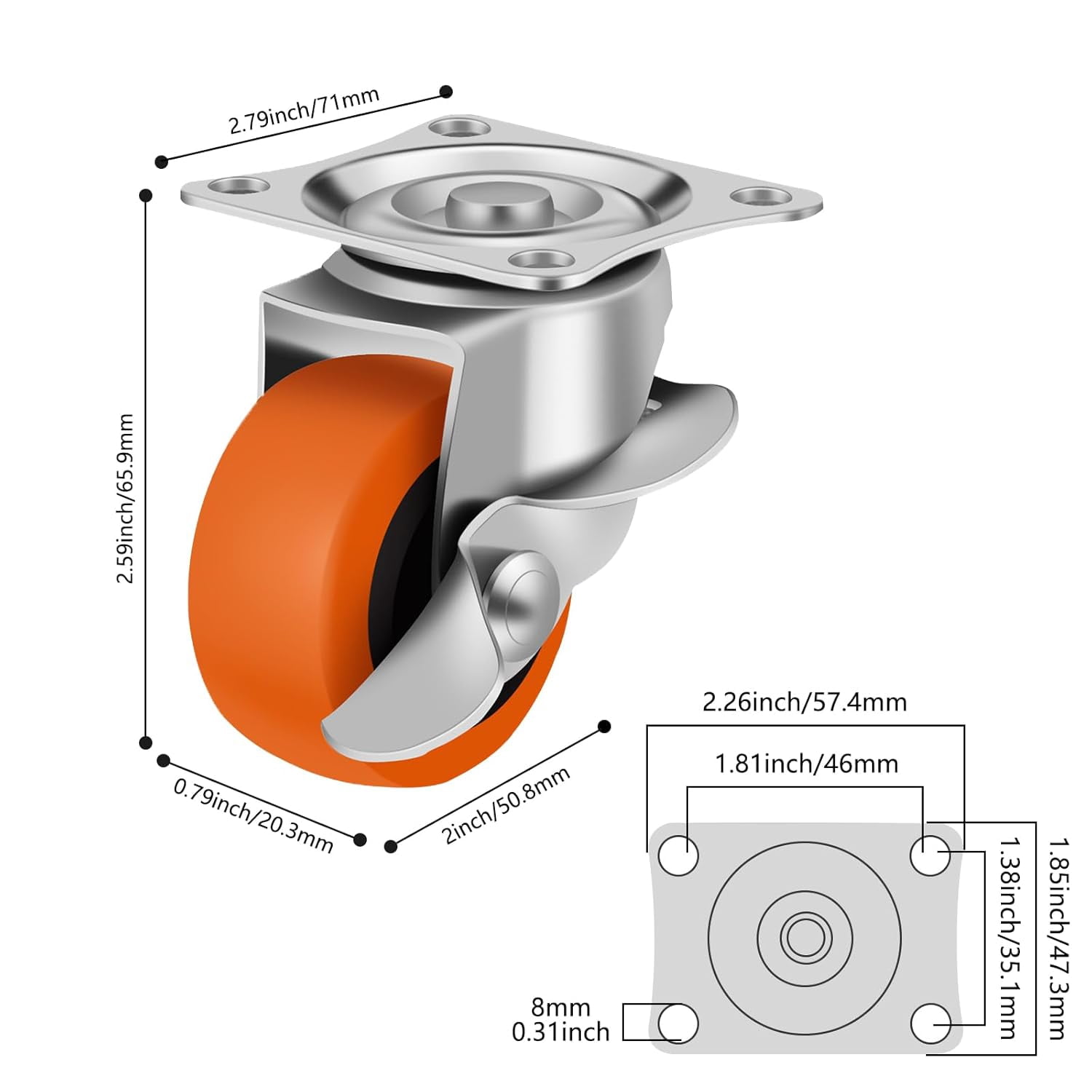 2 Inch Caster Wheels, Casters Set of 8,Heavy Duty Caster with Brake,Top Plate Swivel Wheels Industrial Castors Polyurethane Wheel, Locking Castor for Furniture Carts and Workbench
