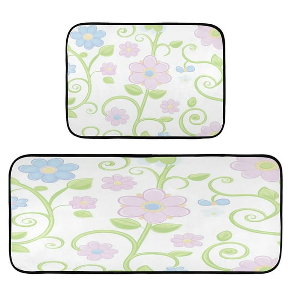 Delicate Flower Design 2-Piece Kitchen Carpet Mat Set, Non-Slip Memory Foam, Soft for Kitchen and Living Room Use