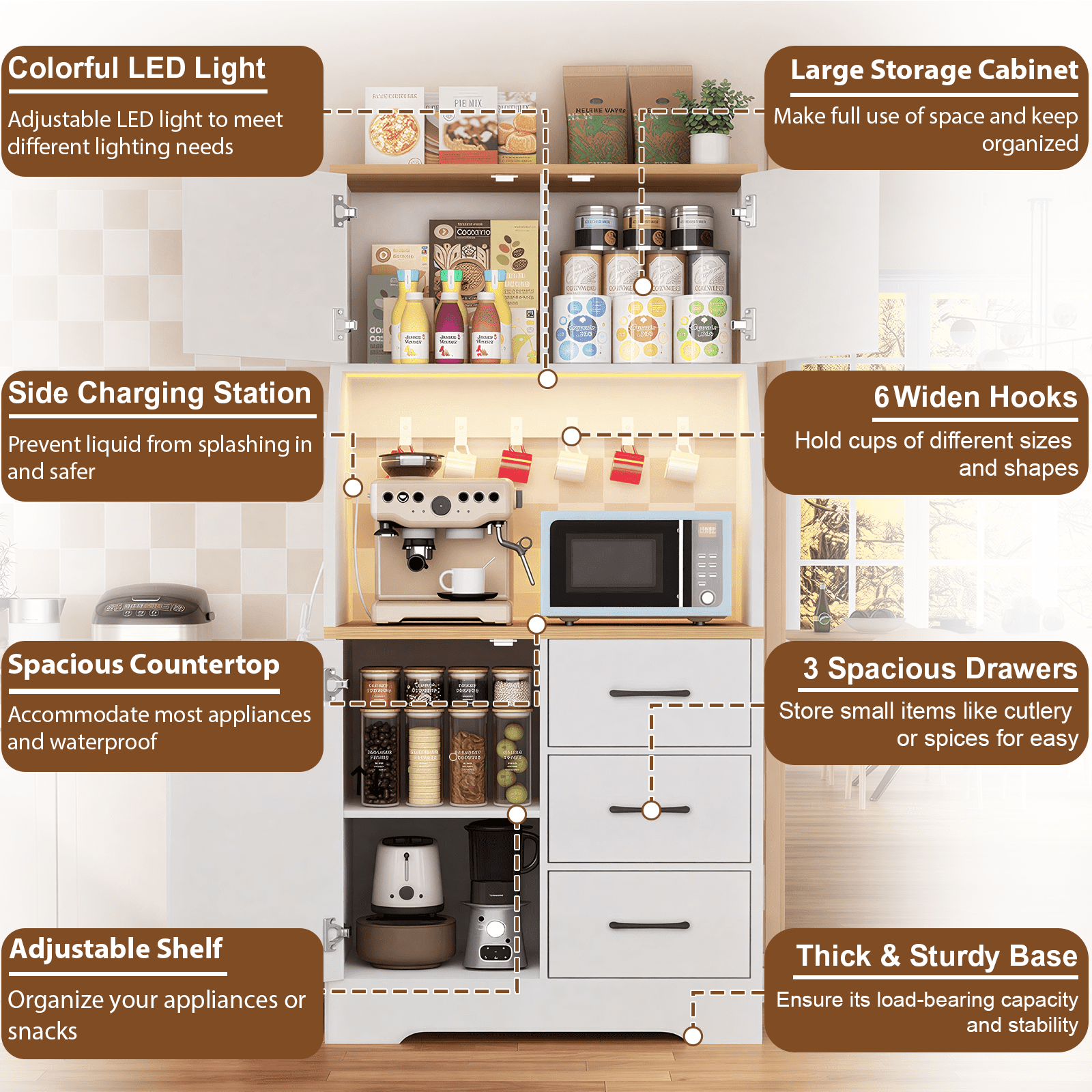 LLappuil 69" Kitchen Pantry, Kitchen Pantry Storage Cabinet with LED Light & Outlet, Kitchen Hutch with 6 Hooks, Drawer, Adjustable Shelves White