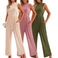 thumbnail image 4 of LYMAYTER Womens High Neck Onesies Summer Sleeveless Wide Leg Rompers Female Solid Color Onesies S-2XL, 4 of 8