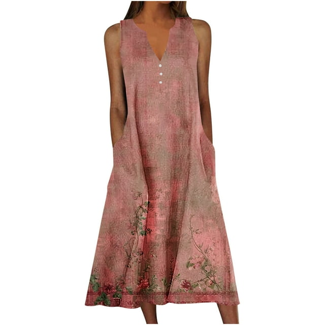 Staron Robes d'Été pour Femmes en Liquidation à Moins de 10 $ Sans Manches Fluides Ligne A Amples Grande Taille Longue Robe Poches Imprimé Floral Col en V Décontractée Printemps Voyage Plage Robe d'Été 5TG