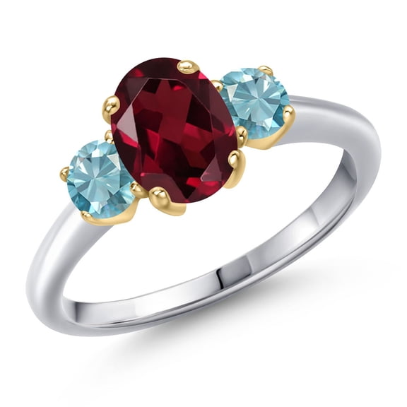 Gem Stone King 10K Two Tone Gold Red Rhodolite Garnet and Blue Zircon Engagement Ring for Women | 2.35 Cttw | Oval 8X6MM | Gemstone January Birthstone | Size 8