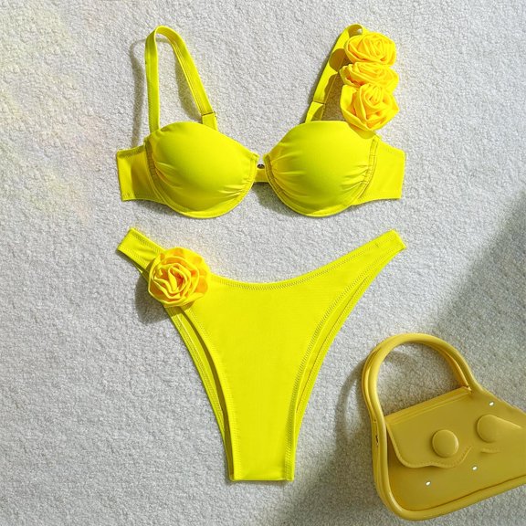 Linfrsh Bikini Set for Women Two Piece Swimsuits V Neck High Waist Crisscross Back Straps Womens Swimwear Yellow,M