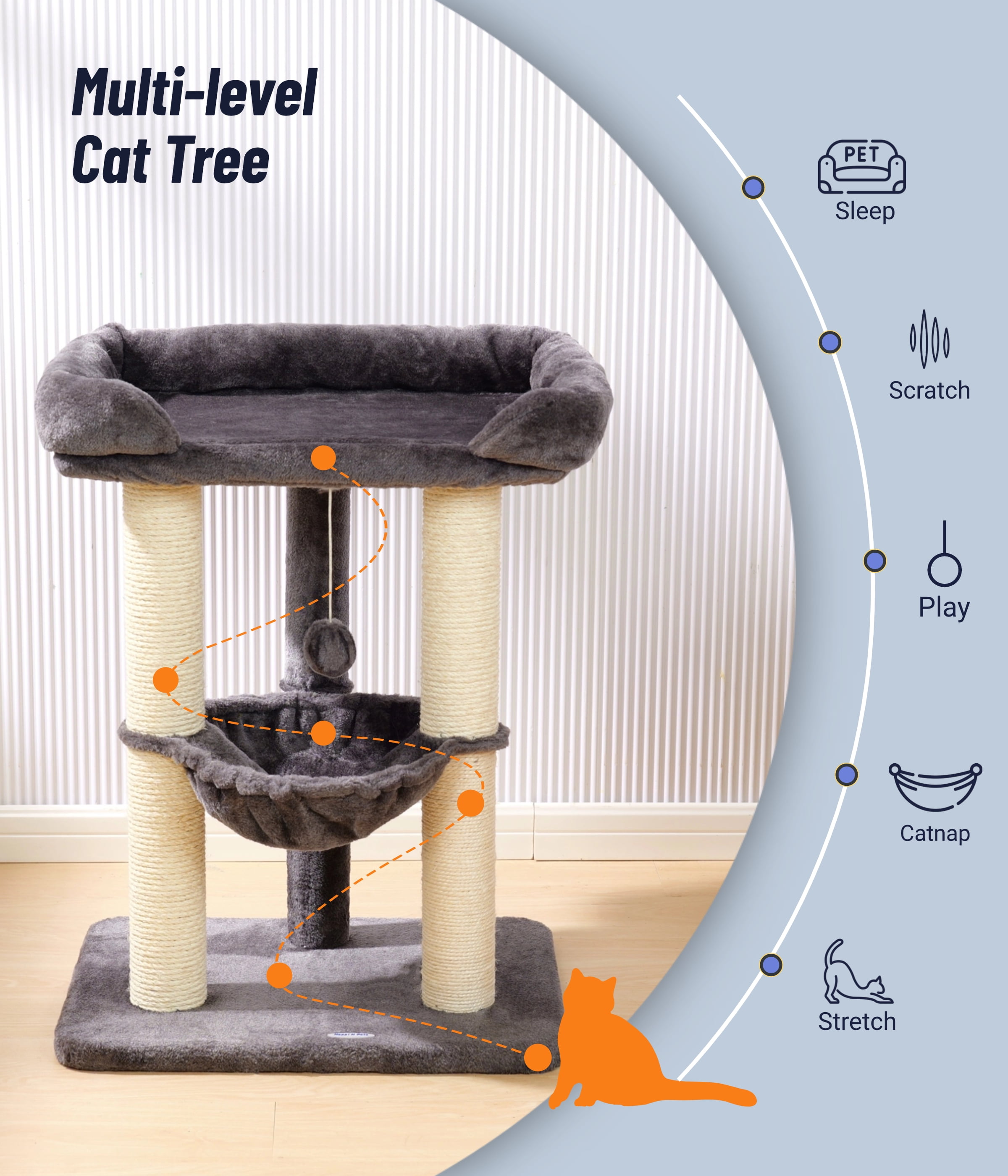 Happi N Pets 28" Cat Tree Tower, Tall Cat Scratching Post with Perch for Window Viewing, Large Bed for Big Cats, Cat Tower with Hammock, Removable Cover-Gray