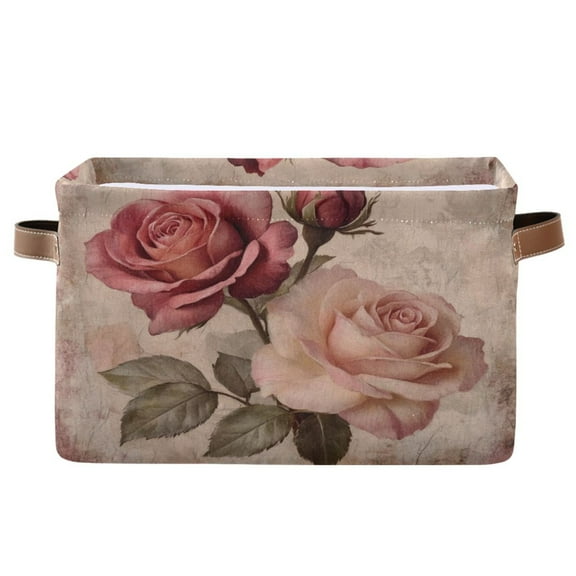 WOBOGO Vintage Rose Square Storage Basket with Waterproof Canvas and PE Lining Durable PU Leather Handles 14.2×10.2×8.3in