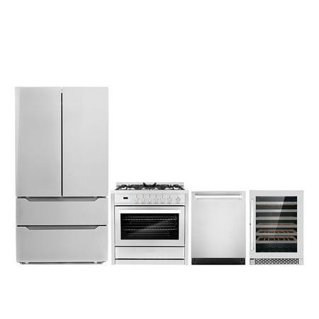 Cosmo 4 Piece Kitchen Appliance Packages with 36  Freestanding Gas Range 24  Built-in Dishwasher French Door Refrigerator &amp; 48 Bottle Freestanding Wine Refrigerator Kitchen Appliance Bundles
