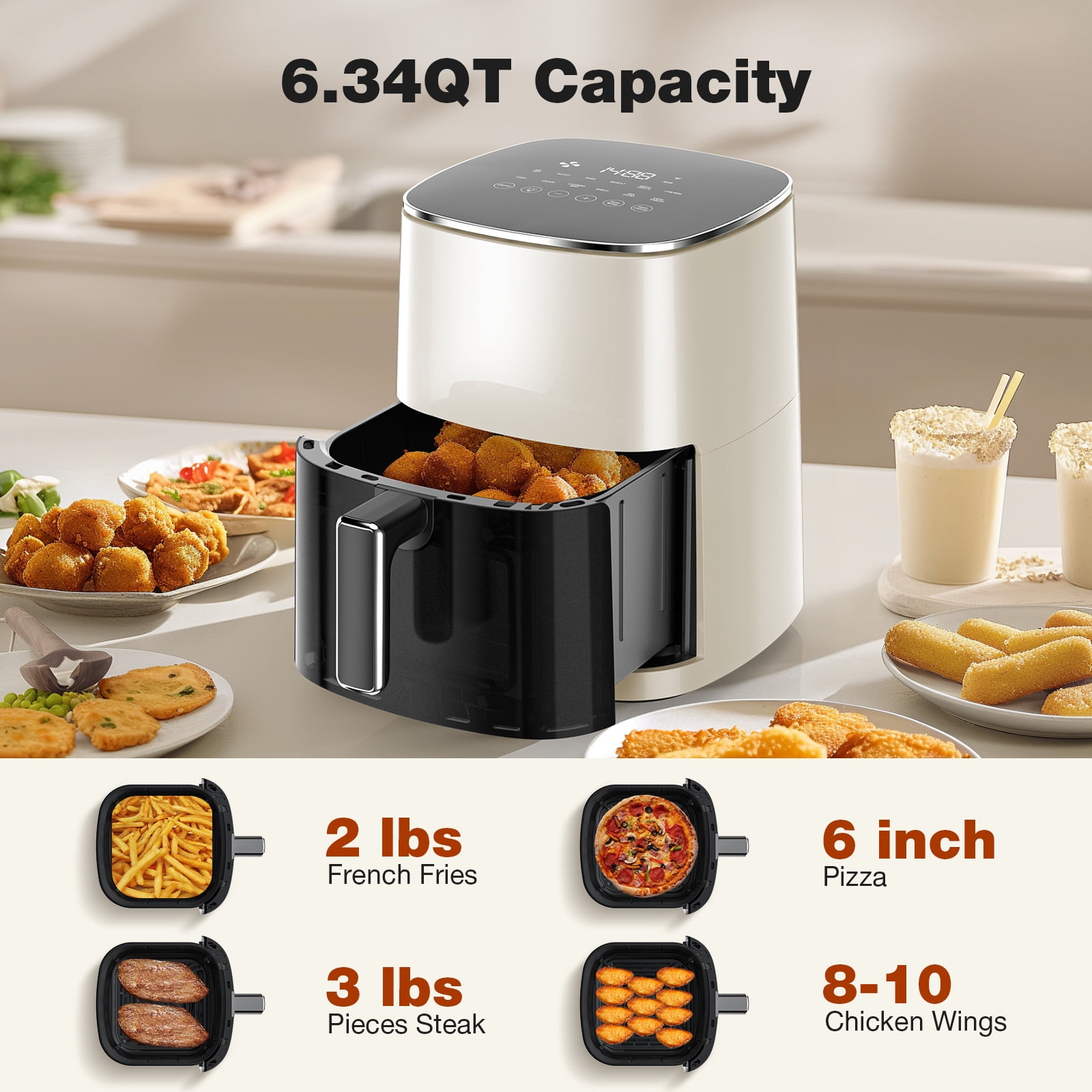 Mayoume 6 Qt Air Fryer - 12-in-1 Touch Screen Presets, Roast, Bake, Air Fry, Roast, Dehydrates, Fries, Frozen Food, Veggies and Juicy Meat, Less Oil, Easy Meals, Steam with 400F, Beige