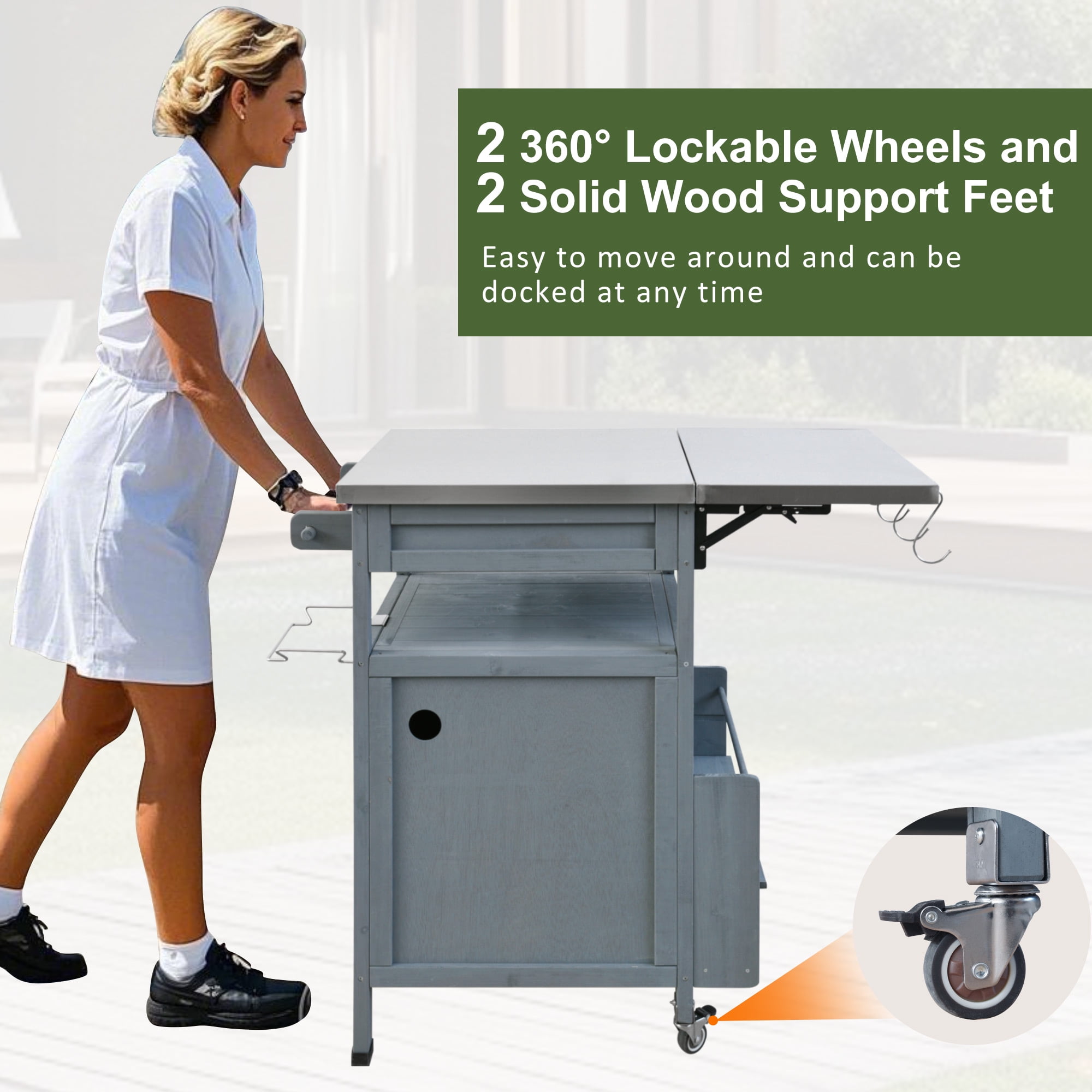 40.5" Outdoor Grill Cart with Stainless Steel Top, Solid Wood Outdoor Storage Cabinet with Drop Leaf, One Drawer, Towel Rack, Rolling Kitchen Cart with Lockable Wheels for Lawn Garden, Blue Grey