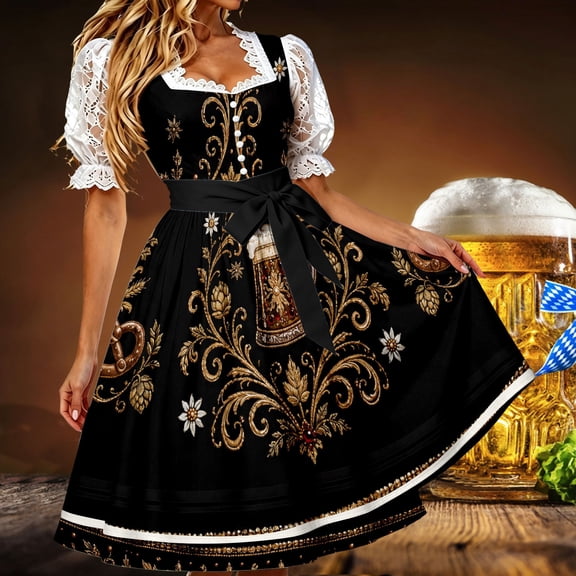 Women's Printed Apron Elegant Dirndl Dress â Women's Dresses Two Piece Soft Feel â Elegant Women's Clothing for Oktoberfest Festival Bavarian Parties (S-2XL)