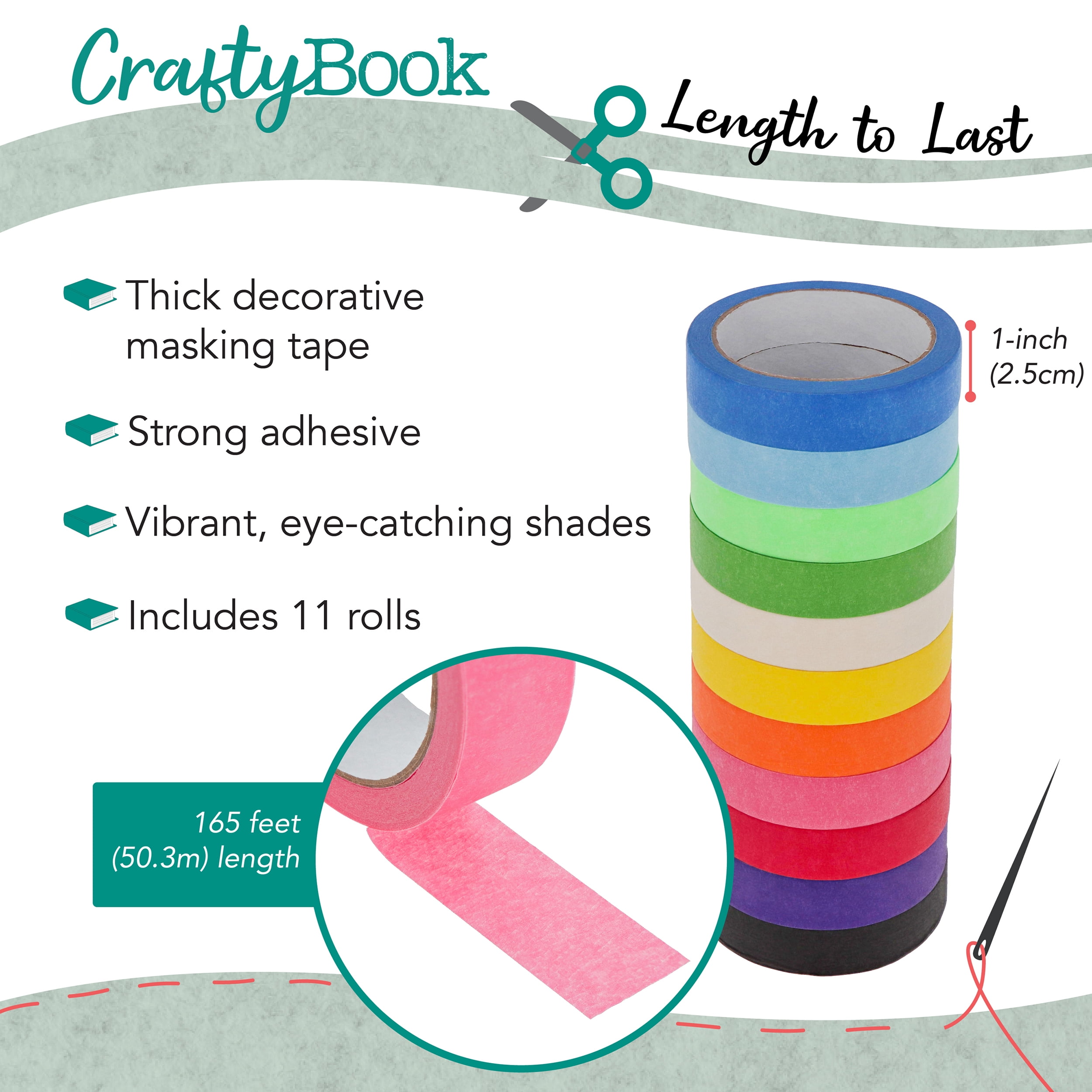 CraftyBook Colored Masking Tape 1in x 165ft Rolls - 11pc Painters