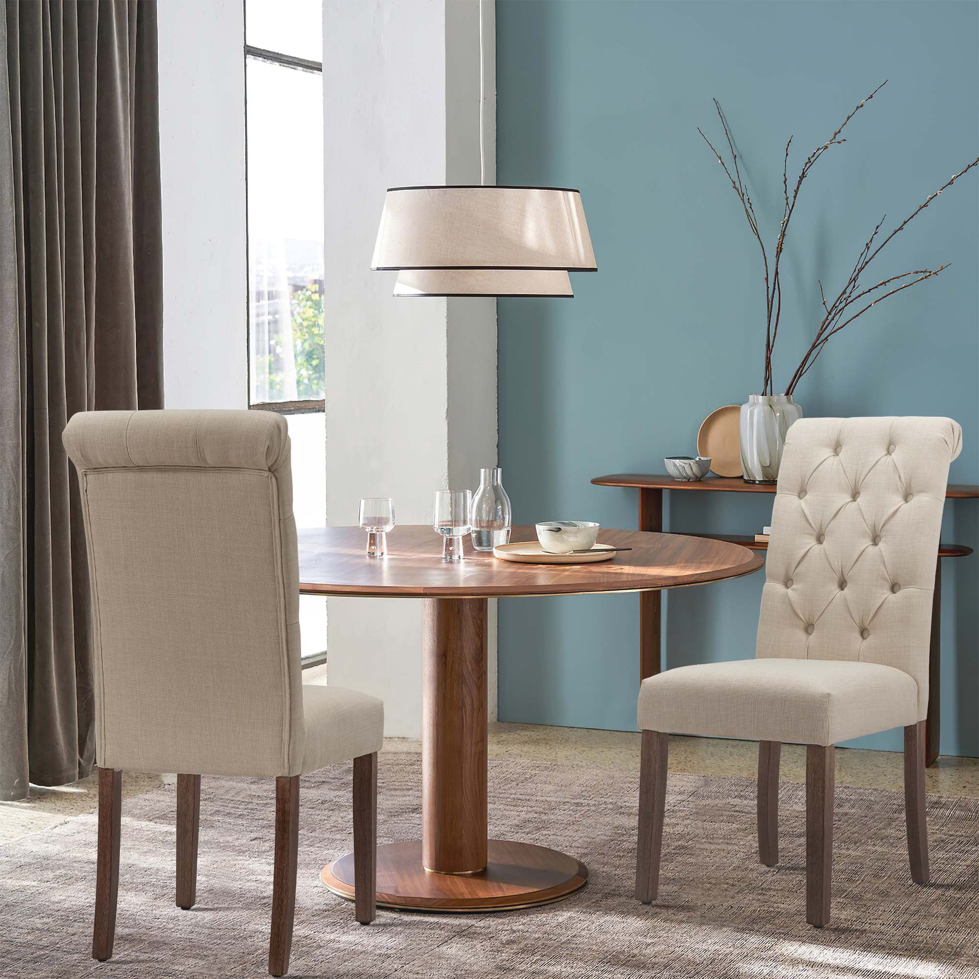 Fabric Dining Chairs Set of 2 with Solid Legs,Beige