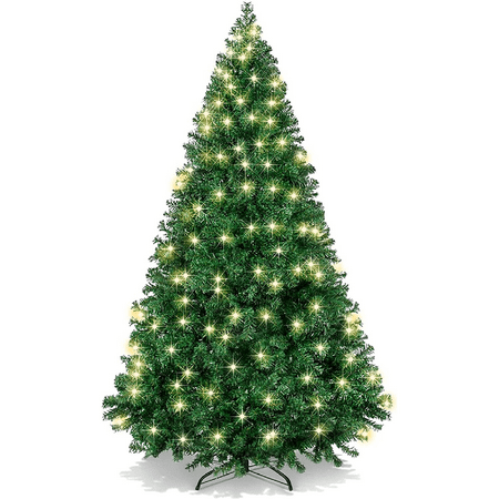 6ft Premium Pre-Lit Hinged Artificial Christmas Tree Full Tree with 1477 PVC Branch Tips  300 Incandescent Lights  Foldable Metal Stand  Green
