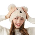 thumbnail image 3 of Cute Bear Ears Plush Sherpa Beanie Windproof Cap Warm Animal Hat for Women (Beige M), 3 of 3