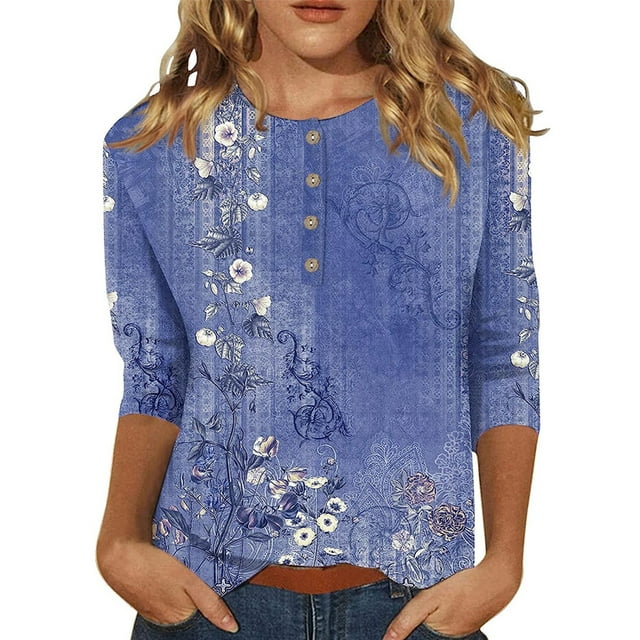 Bellella Hauts pour Femmes T-shirt Imprimé Floral Col Rond Tee Tunique Douce Manches 3/4 Blouse T-shirt Bleu 2TG