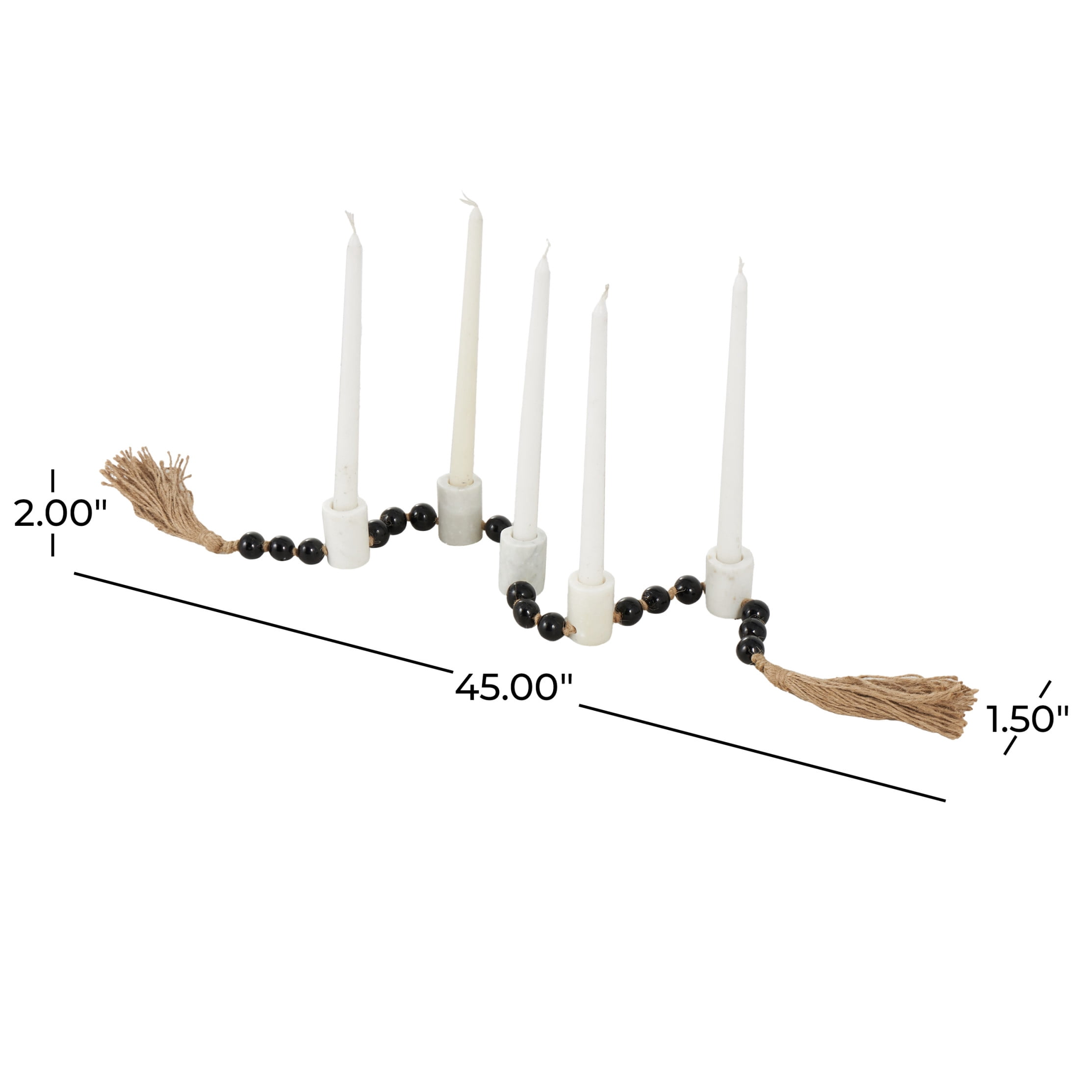 DecMode 5 Candle White Marble Round Garland Candle Holder with Brown Tassel and Black Beads