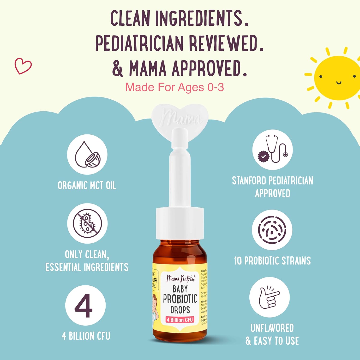 Mama Natural Baby Probiotic Drops | Pediatrician-Approved Infant Probiotic Colic Drops – Infant Gas, Constipation, Fussiness & Immune Support Supplement – 10 Strains & 4 Billion CFU with MCT Oil