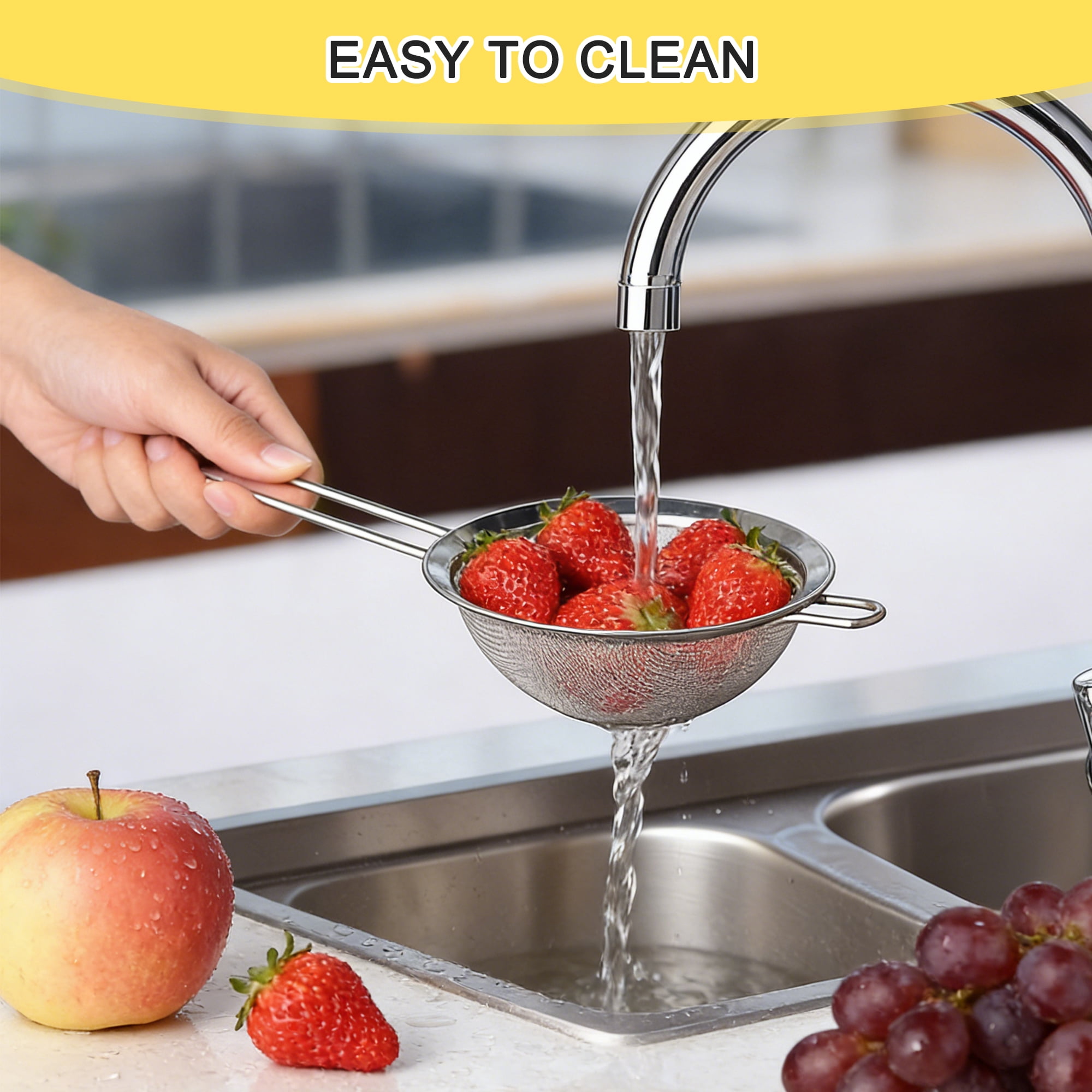 3 Pack Stainless Steel Fine Mesh Strainers, 4/6/8 Inch Kitchen Sieve Colander Set with Handle Hook, Food Strainer for Flour Juice Fruits Cooking