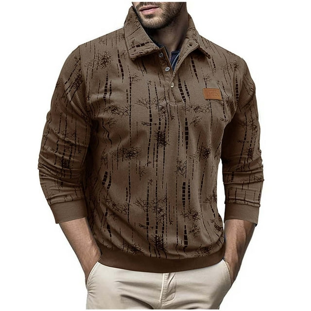 Long Sleeve Workout Top Men Solid Button Half Cardigan Flip Collar Leather Label