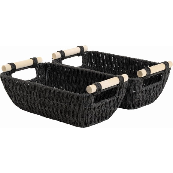 Hand-Woven Large Storage Baskets with Wooden Handles, Water Hyacinth Wicker Baskets for Organizing, 2-Pack
