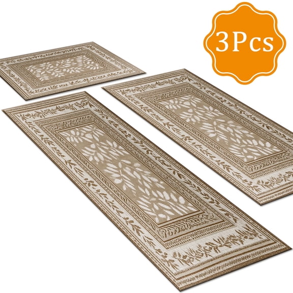 BlueDreamer Kitchen Rugs 3Pcs, Non Slip Kitchen Mats for Floor Waterproof & Stain Resistant Carpet Area Rug for Kitchen, Laundry Room, Hallway