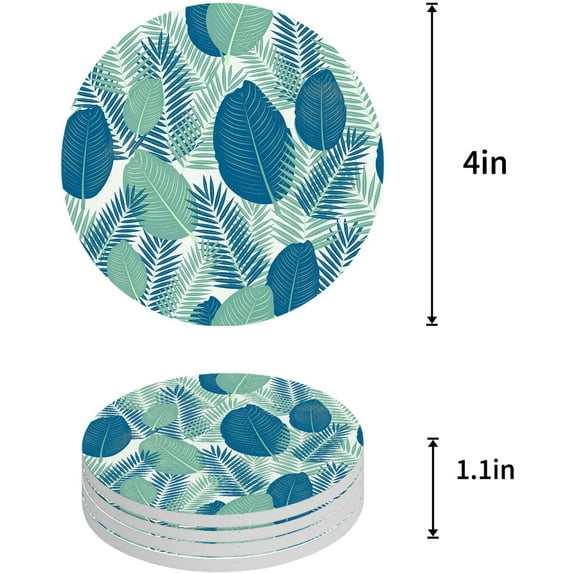 FMSHPON Leaves Texture Pattern Set of 4 Round Coaster for Drinks, Absorbent Ceramic Stone Coasters Cup Mat with Cork Base for Home Kitchen Room Coffee Table Bar Decor