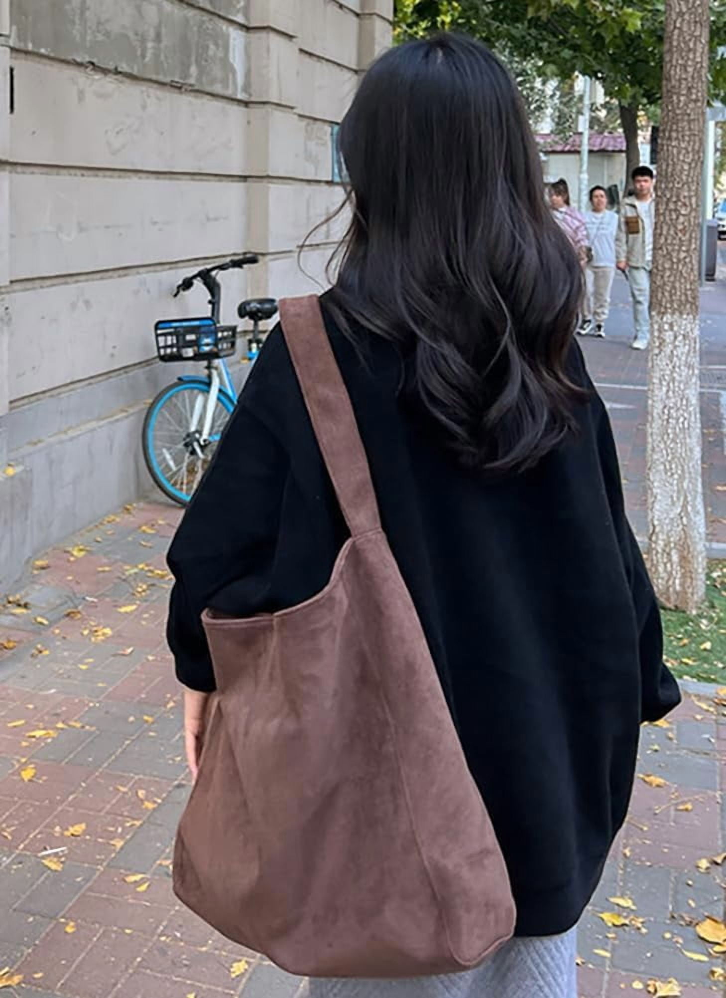 Lohol Large Suede Tote Bag For Women Slouchy Shoulder Bags Suede Purses Women’s Satchel Bag Work Handbag Crescent Bag Travel Winter(Coffee)