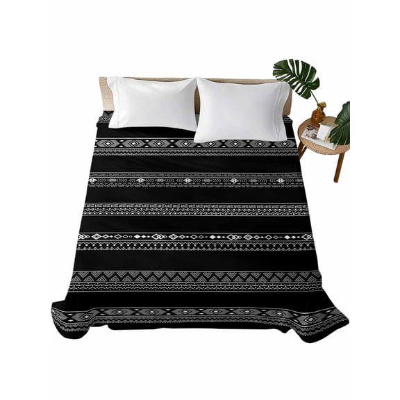 Twin XL Size Flat Sheet Only, Black White Geometric Soft Brushed Microfiber Bed Sheets, Modern Striped Plaid Abstract Art Hotel Quality Breathable Bedding Top Sheet, Easy Care, 66"x102"
