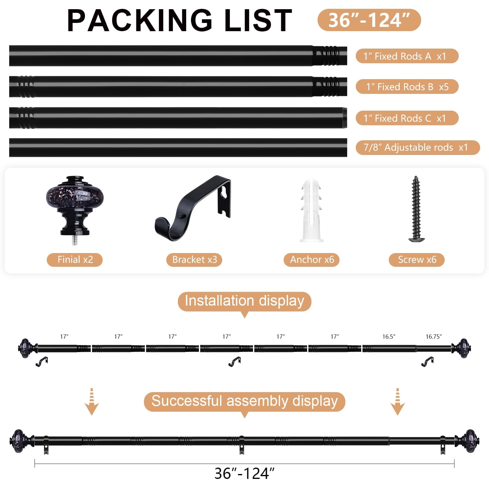 Black Crystal Curtain Rods For Windows 66 To 120 Inch  Decorative Vintage 1'' Diameter Long Rod With Foil Finial Adjustable Heavy Duty Easy Install Drapery Pole Set Farmhouse
