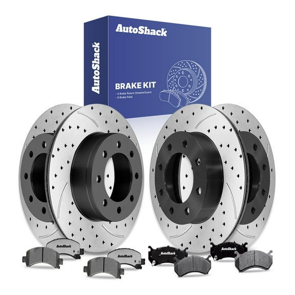 AutoShack Front Vented & Rear Vented Drilled & Slotted E-Coated Brake Rotors   Ceramic Pads 12-PC Brake Kit Replacement for 2004-2005 GMC Savana 2500 2005 Chevrolet Express 2500 ShadowGuard