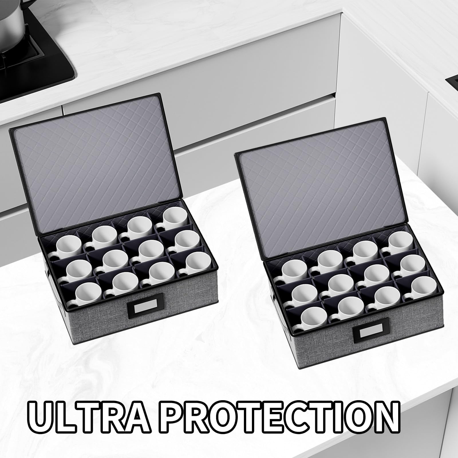 Aokeyee 2 Pack Cup and Mug Storage Box Hard Shell Holds 24 Coffee Mugs Glasses Stackable Organizers with Lid Handles Zippers Label for Moving Gray