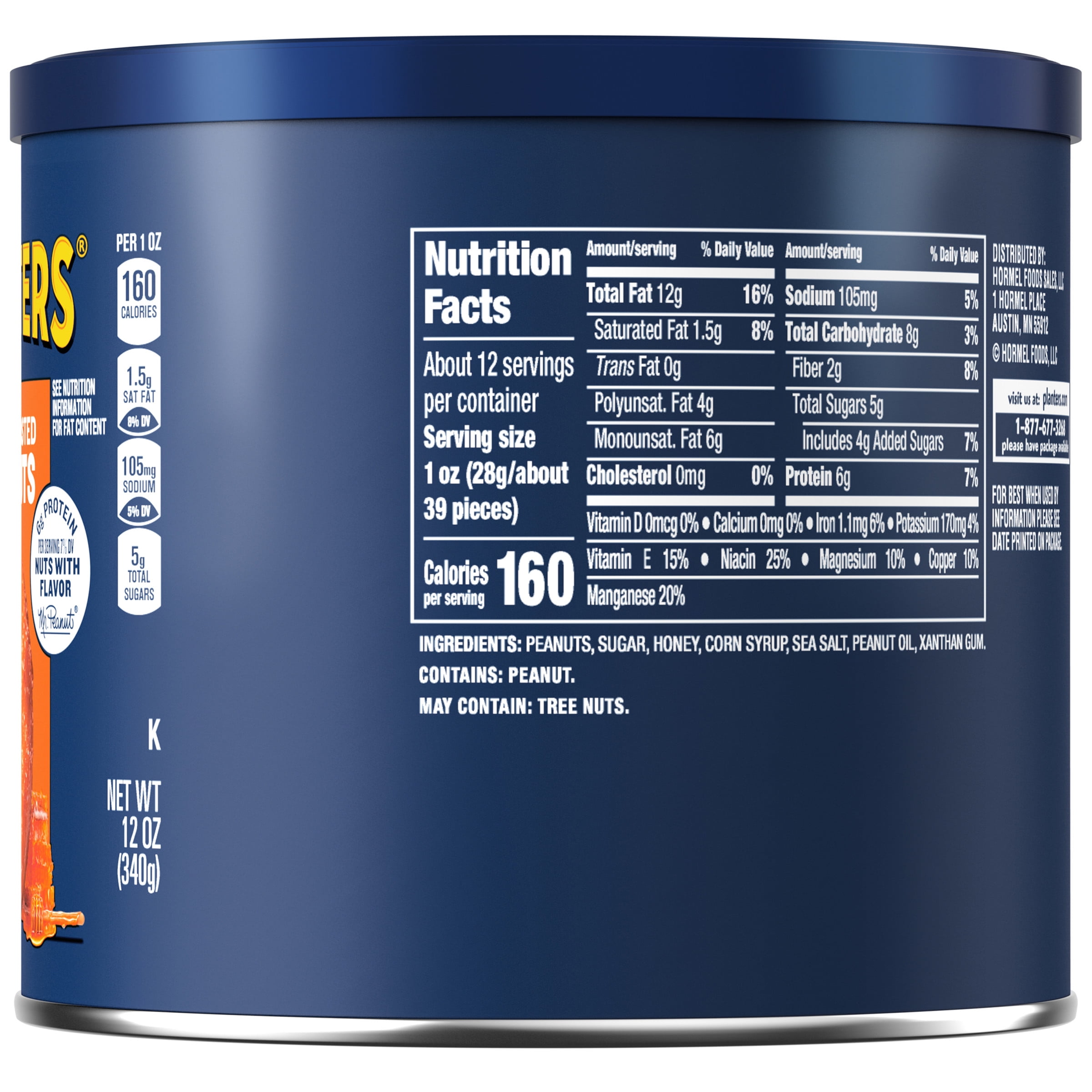 (3 pack) PLANTERS Honey Roasted Peanuts, Sweet and Salty Snacks, Plant Based Protein, 12 oz Canister