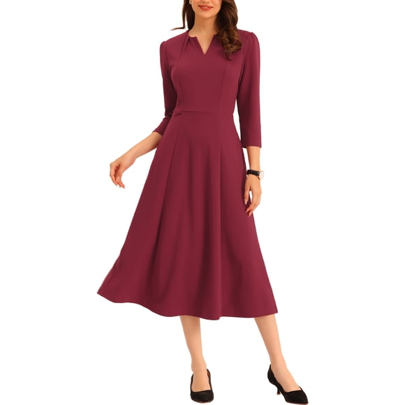 INSPIRE CHIC Women's Work Dress A Line 3/4 Sleeves Elegant Midi Dress M Burgundy