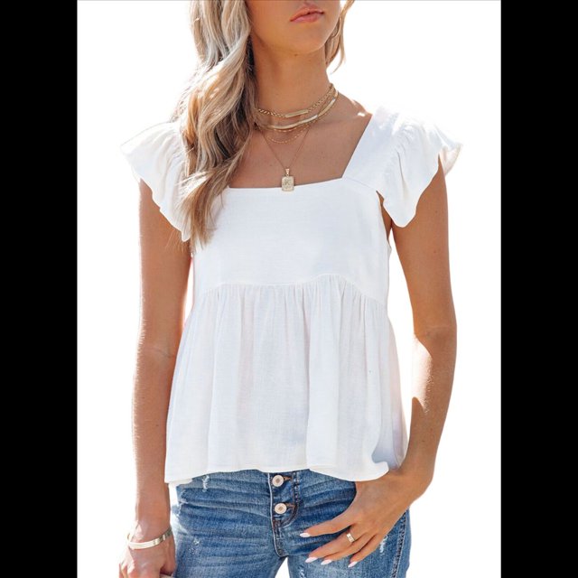 Blusa Informal de Mujer con Cuello Cuadrado, Volantes, Mangas , Peplum, Estilo Babydoll, Sin Mangas, Color , Talla M