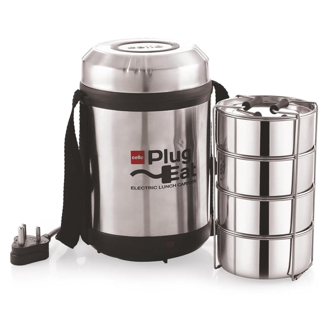 Electro Electric Stainless Steel Lunch Box With 4 Containers - Silver | Shock Proof Outer Container - Safe On/off Indicator, Energy Efficient