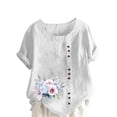 thumbnail image 2 of Staron Hauts d'Été pour Femmes en Liquidation à Moins de 5 $ Manches Courtes Retroussées Blouses d'Été Habillées Coton Lin Décontracté Col Rond T-Shirts Tendance Tunique Grande Taille Coupe Ample Chemises à Imprimé Floral, 2 of 4