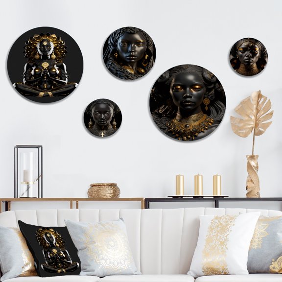 Designart "Black And Gold African Goddess In Lotus" African American Woman Metal Wall Art Set of 5 Piece