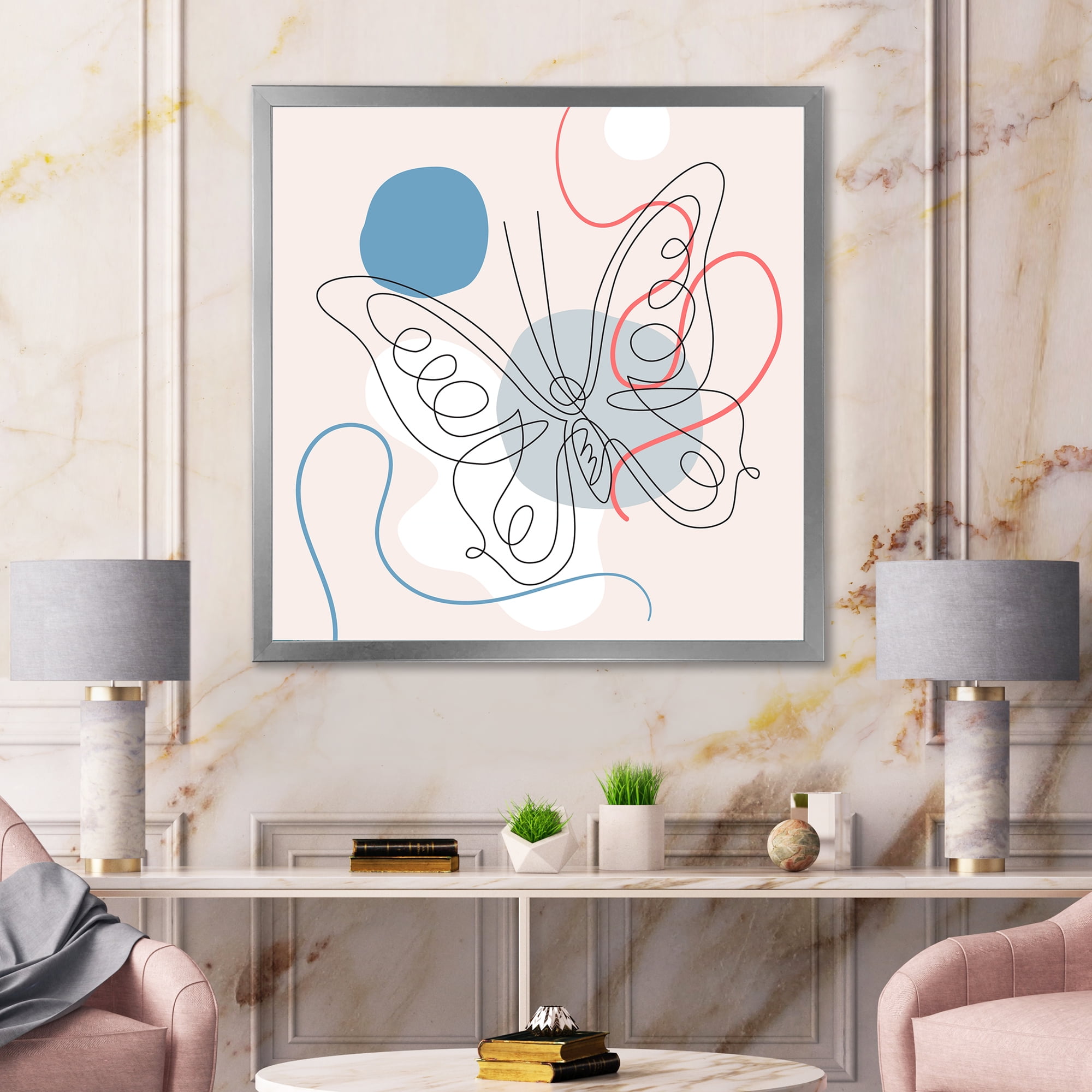 Designart 'One Line Butterfly Drawing On Cubism Shapes III' Modern Framed Art Print