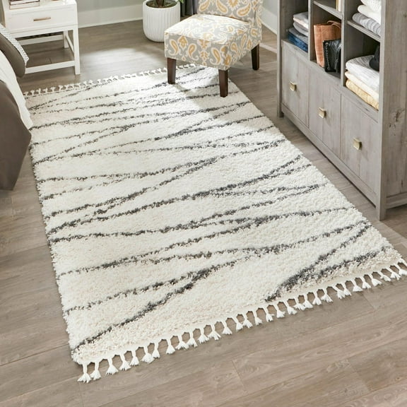 Unique Loom Serenity Shag Collection Area Rug - Castries (4' x 6' Rectangle White/Gray)