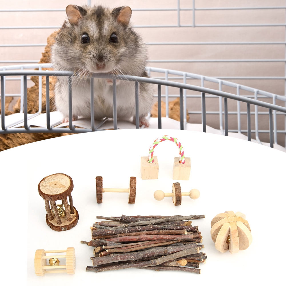 Yajisi 7-Piece Wooden Small Pet Chewing Playing Biting Toy Set for Hamsters, Chinchillas, Guinea Pigs and Rabbits - Play Activity Center, Natural Pine
